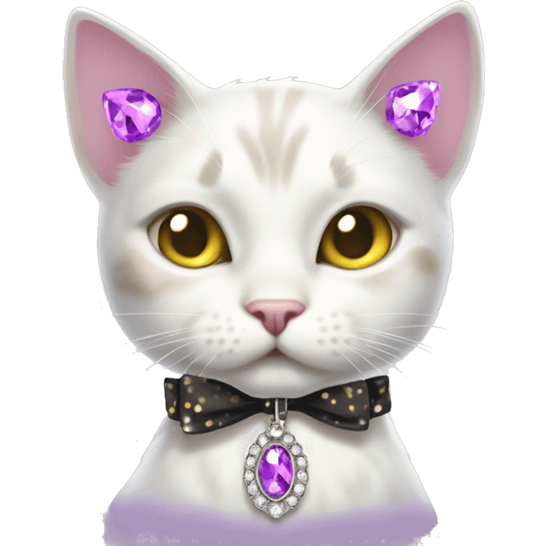 White cat with brown and black spots with yellowish greenish eyes and white whiskers with a sparkly rhinestone purple necklace collar thing with a bow on her ear emoji