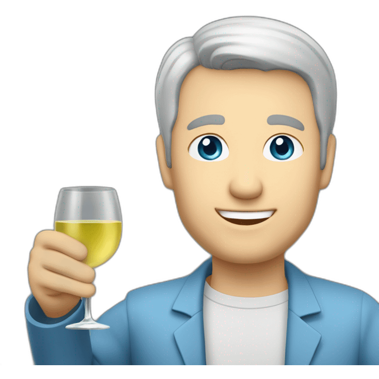 a caucasian man with blue eyes and very short grey hair, toasting with a glass of white wine emoji