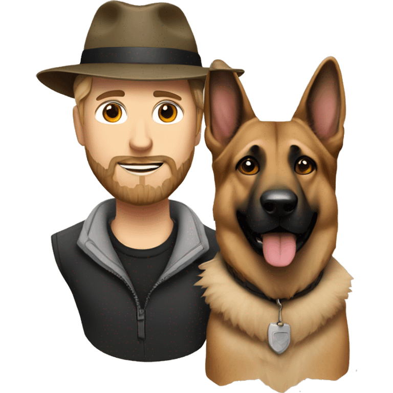 white male with beard and a hat alongside a german shepherd  emoji