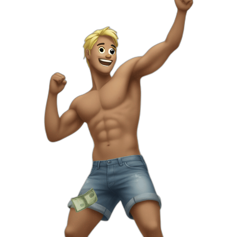 Shirtless guy dancing under raining money  emoji