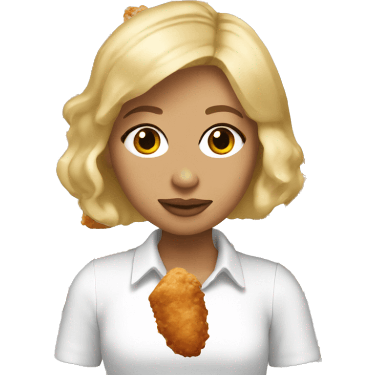 Light skinned blonde girl with bob hair eats a KFC chicken wing emoji