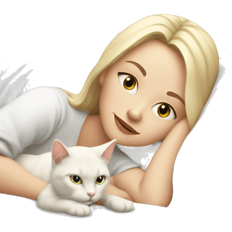 blonde girl lying in bed with a white cat emoji