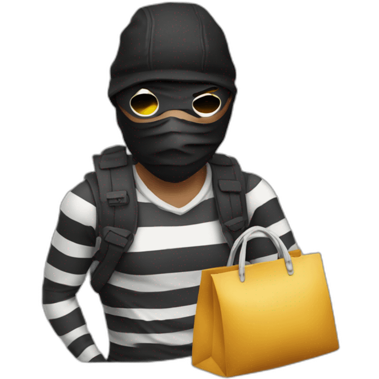 a bandit in striped clothes and a black mask over his eyes, carries a bag of money behind his back emoji