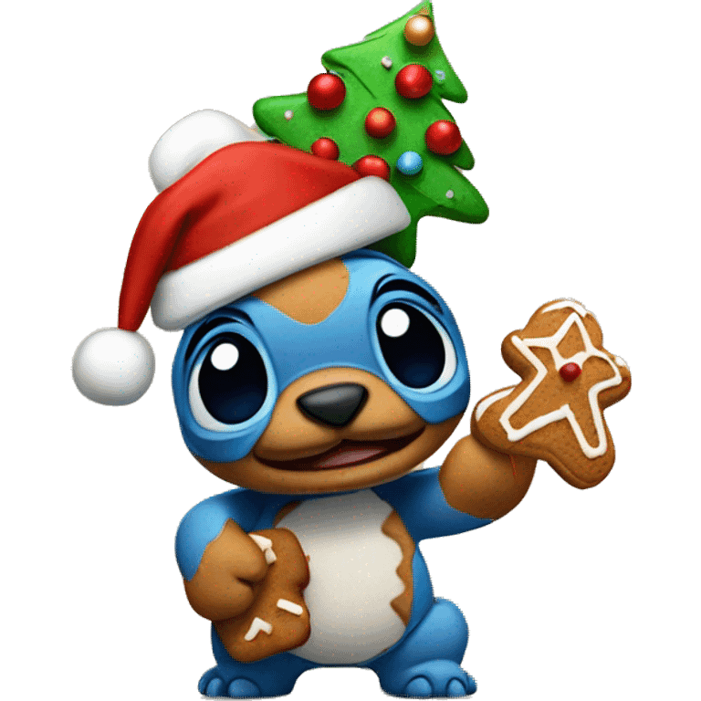 Stitch with Christmas hat on and ginger bread in his hand emoji