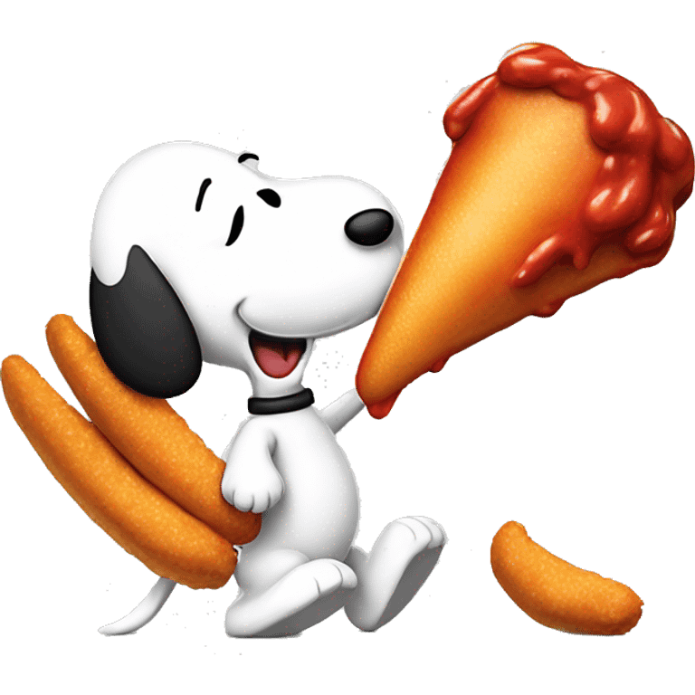 Crying snoopy eating a hot wing while being kick by peanut emoji