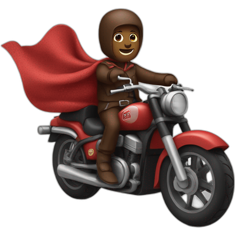 A chocolate brown doodle wearing a red and black handkerchief riding a motorcycle emoji