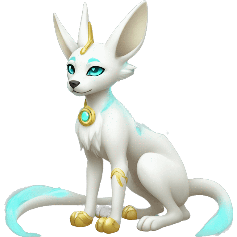 Shiny White Angelic Godly Ethereal Majestic Electric Albino Umbreon. cyan eyes and cyan markings. Golden Anubis-rings. full body emoji