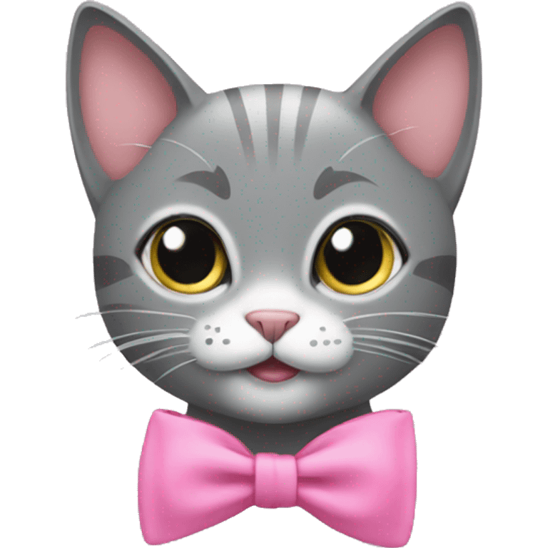 Grey cat in nature with pink bow  emoji