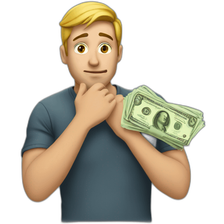 guy with money on his hand and thinking with his hand on his chin  emoji