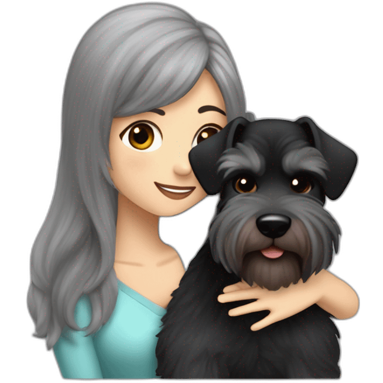 Black and silver Schnauzer having a really big cuddle with lady with brown long hair emoji