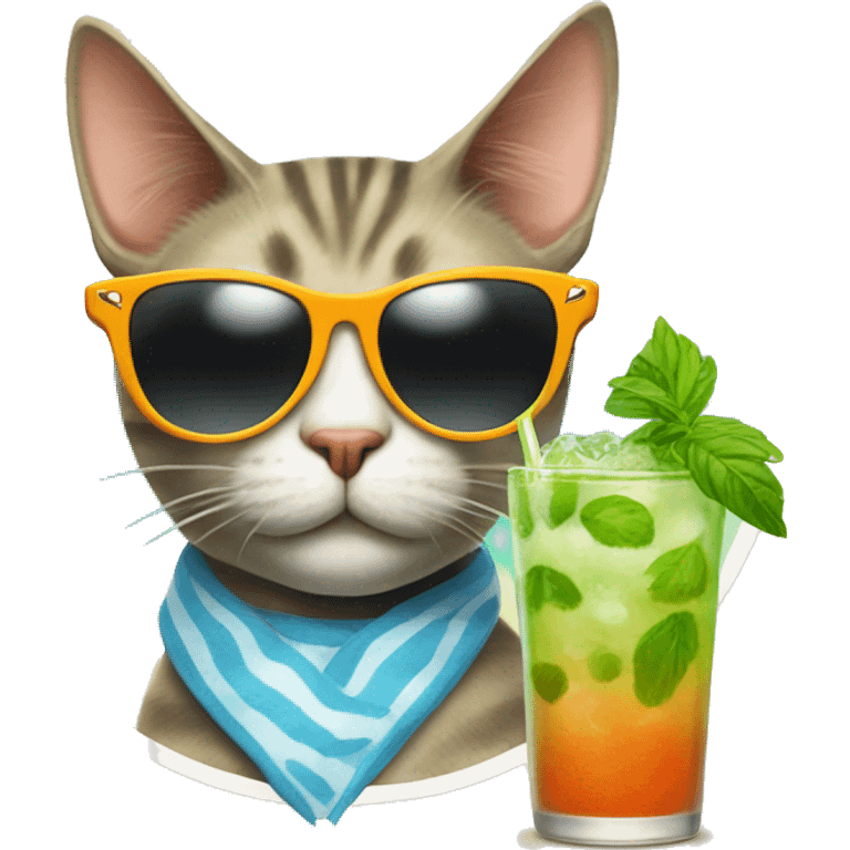 cat wearing a sunglass drinking mojito at thr beach emoji