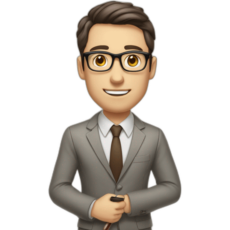 Pale skinned fit man with dark brown hair in gray jacket, beige office shirt, brown tie, brown pants and vintage glasses Writing on the marker board emoji