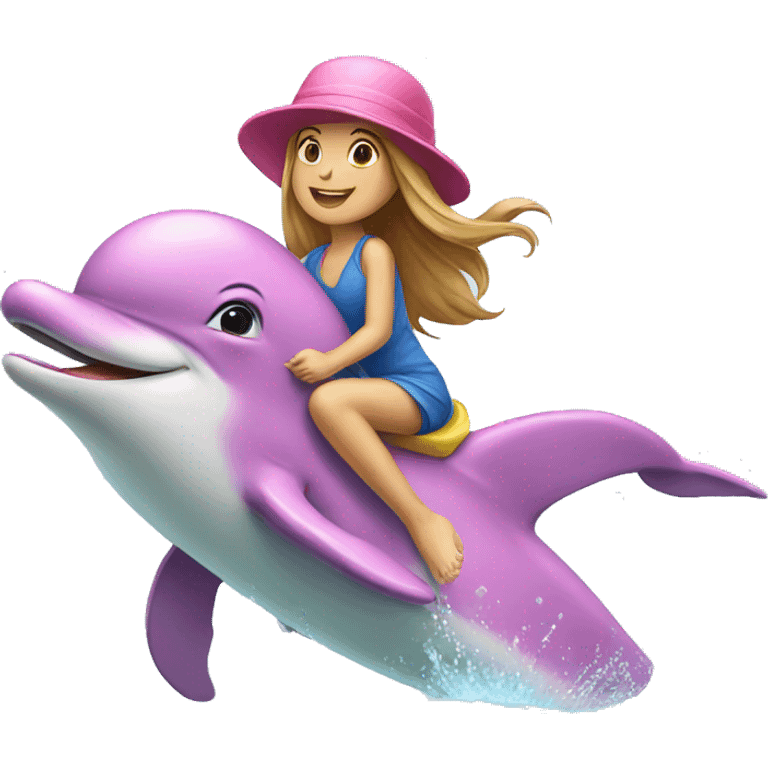 girl riding a dolphin, both wearing a pink hat emoji