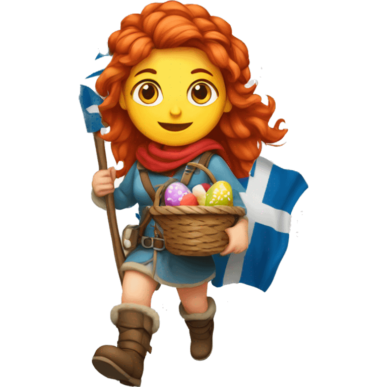 red hair female winter mountaineer climbing with Easter eggsbasket and Greek flag emoji