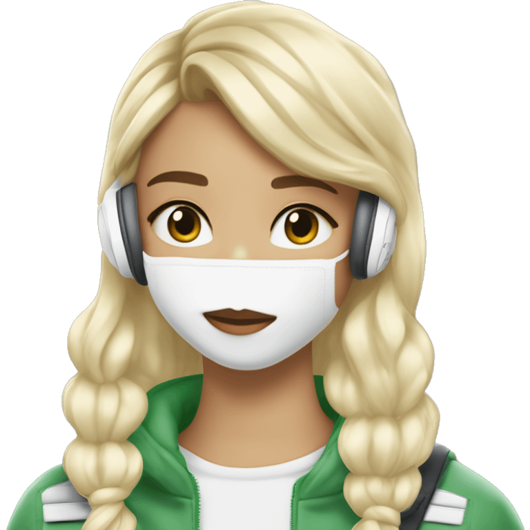 Fille cheveux wayv blond gros au yeux vert claire avec casque AirPod max blanc teint alé et une veste blanche  emoji