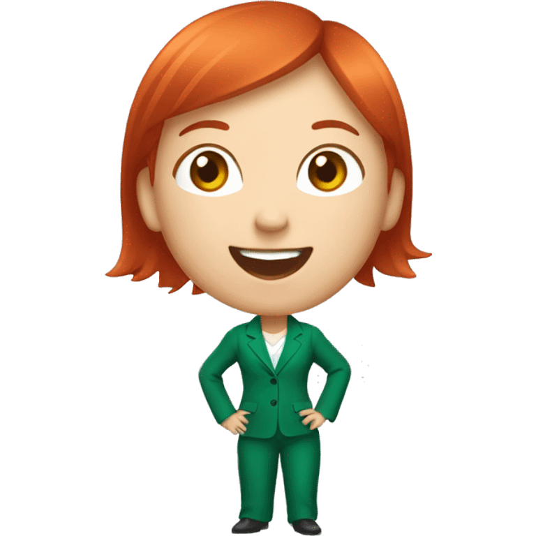 a girl with red hair, wearing an emerald pantsuit, ((cheerful, laughing)), surrounded by a white outline, on a transparent background emoji