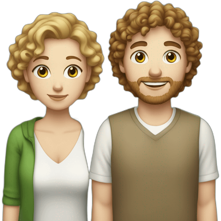 Couple, white European man with brown curly hair, blue eyes and chubby white woman with light brown curly hair and green eyes emoji