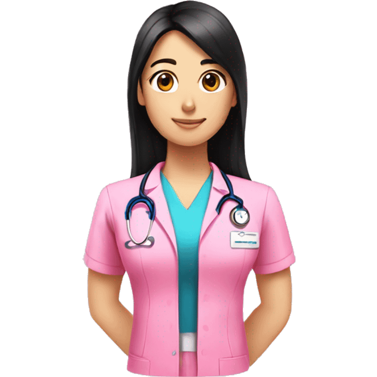 Physiotherapist long black hair pink uniform  emoji