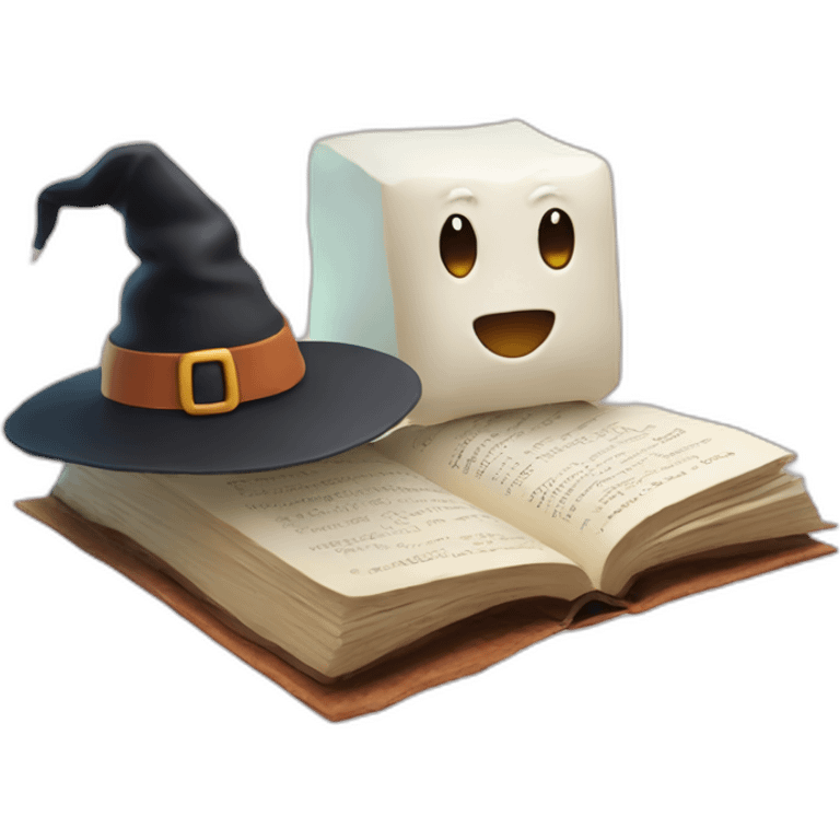 Tofu reading a book with a witch hat emoji