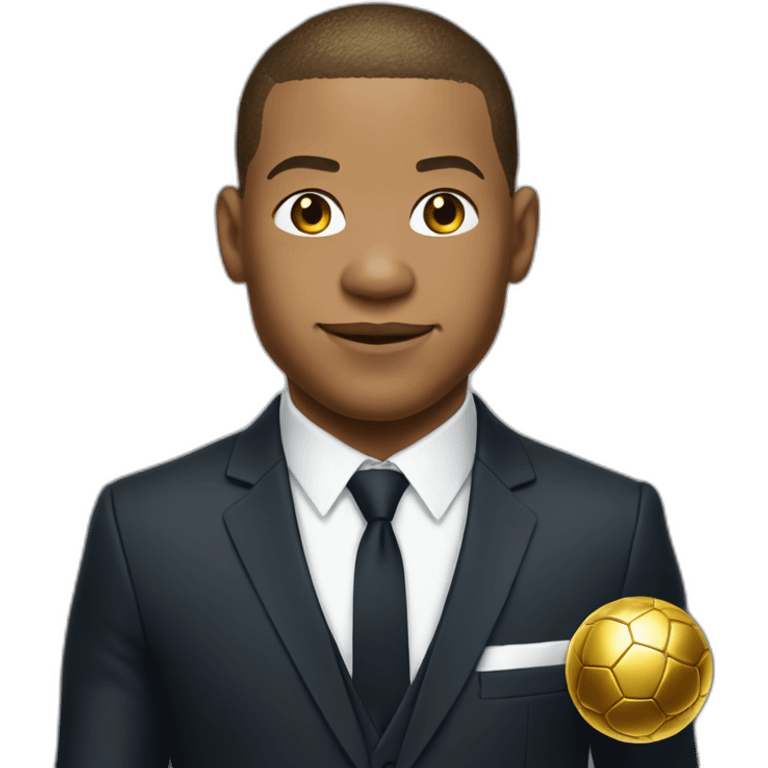 Mbappé in a suit and tie with a golden ball emoji