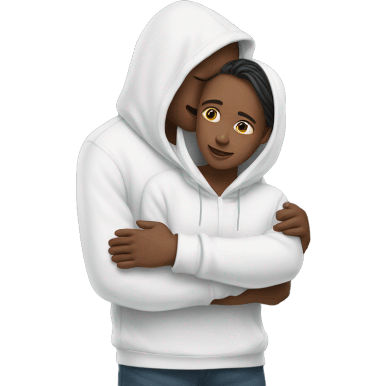 An emoji of a man wearing a white hoodie, standing next to his sister. He is hugging her warmly, showing a close sibling bond emoji