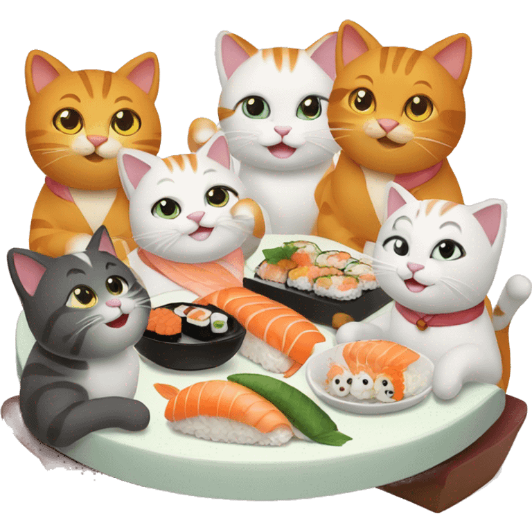 four HAPPY cats having SUSHI DINNER emoji