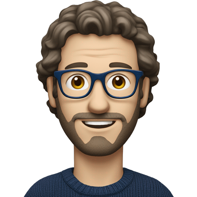 caucasian white man with dark wavy  hair, blue glasses, and carrying design plan because he is an architect carrying a pencil and a set model maquette. wearing a navy blue long sleeve sweater shirt. smart.  emoji