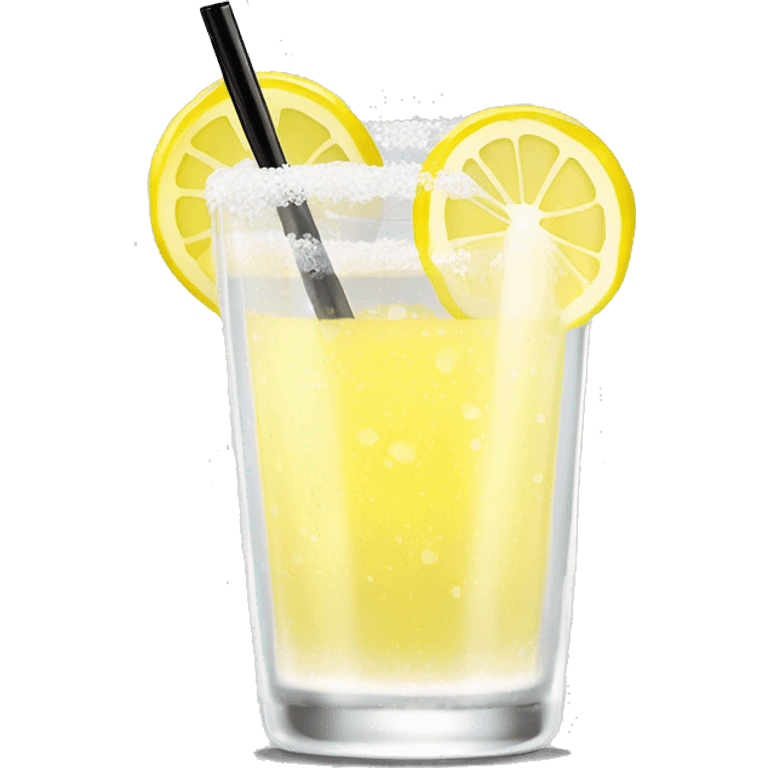 clear lowball glass with clear bubbly with a yellow tint liquid inside with a fresh lemon slice garnish on rim white salt down the side of the rim and a black straw emoji