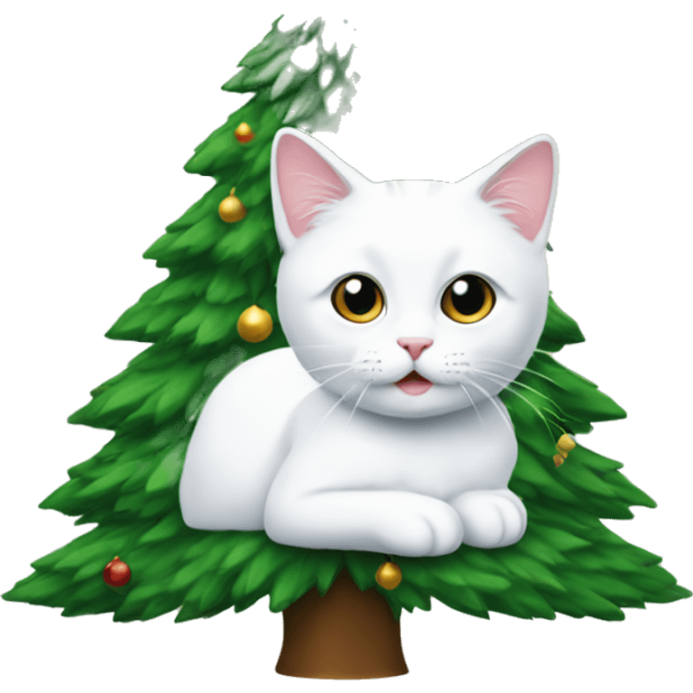 Christmas tree with a white cat under it emoji