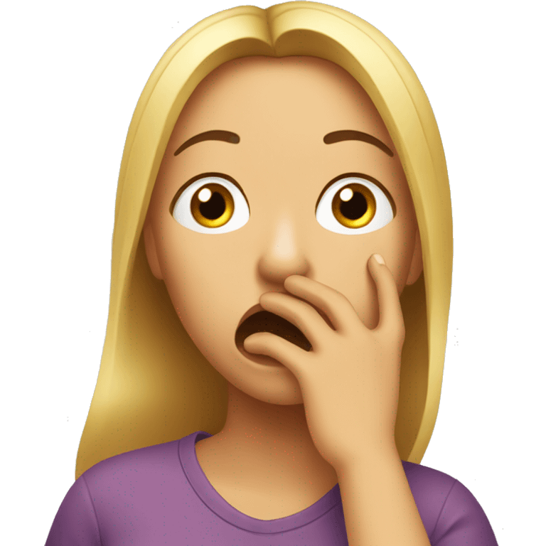 A surprised and slightly tearful woman is covering her mouth emoji