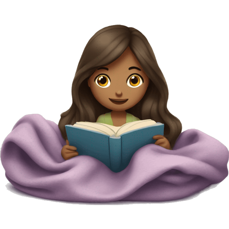 Brunette girl reading book under a blanket emoji