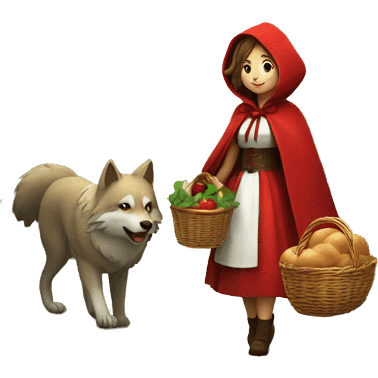 A Little Red Riding Hood with a wolf and a basket with buns going throught the forest emoji