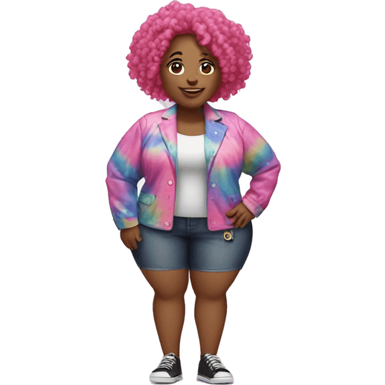 Plus size black woman with pink curly hair and a tie dye jacket  emoji