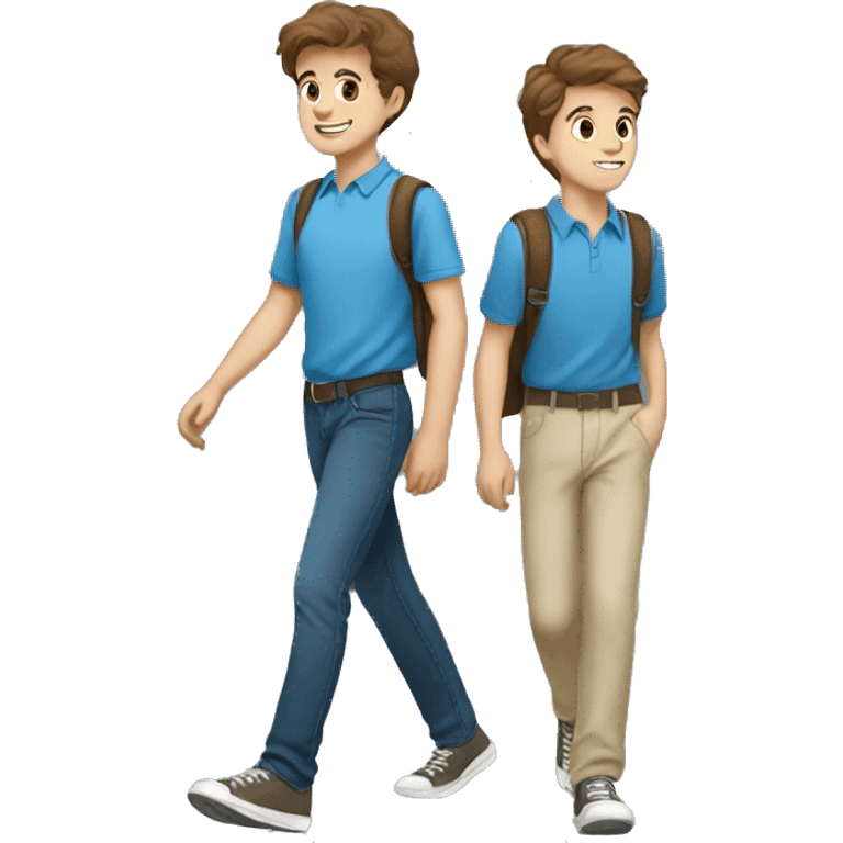 two boy student with brown hair and blue shirt walking  emoji