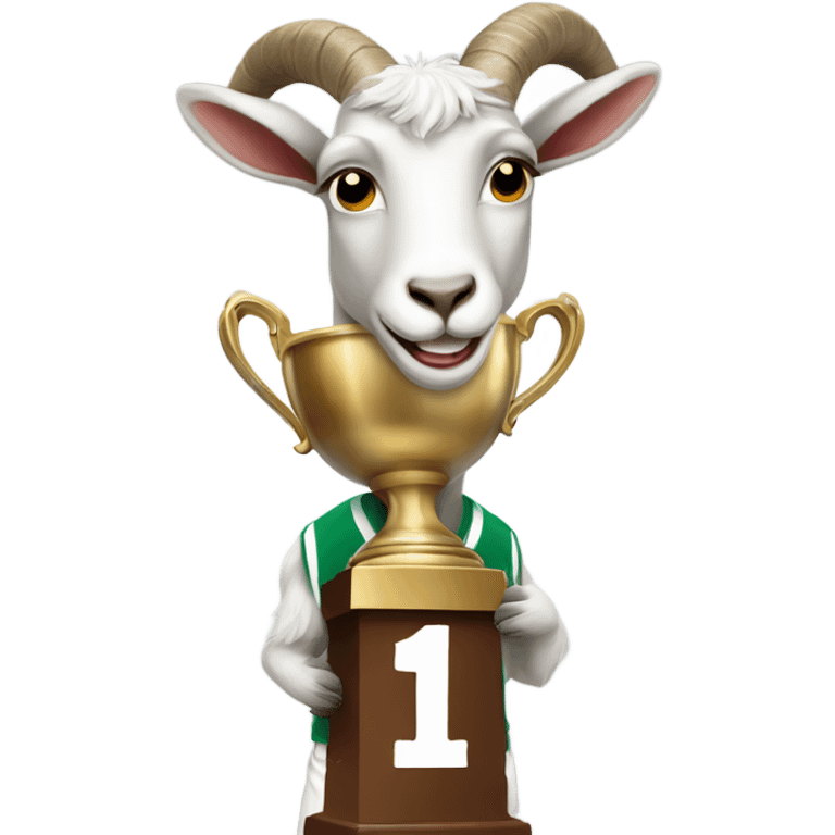 Goat wearing a football uniform and hoisting a trophy emoji