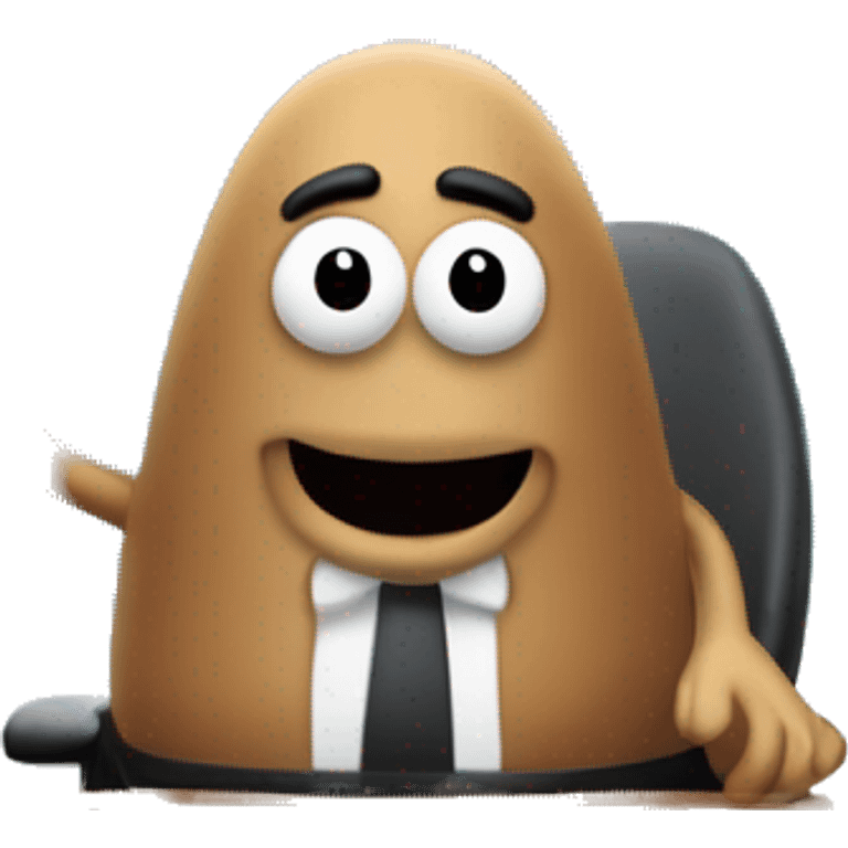 Mr potato head working at a desk in front of a computr with a large fish tank behind him emoji