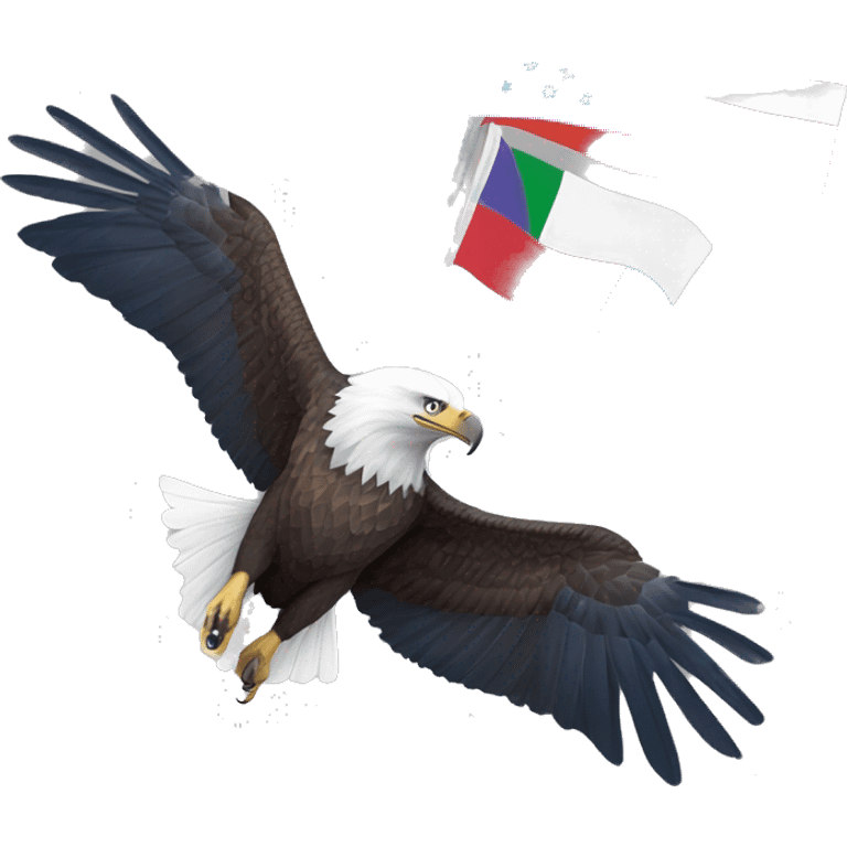 bald eagle in flight grasping three different flags with its talons: 1. pride flag, 2. trans flag, and 3. blue flag with the earth on it emoji