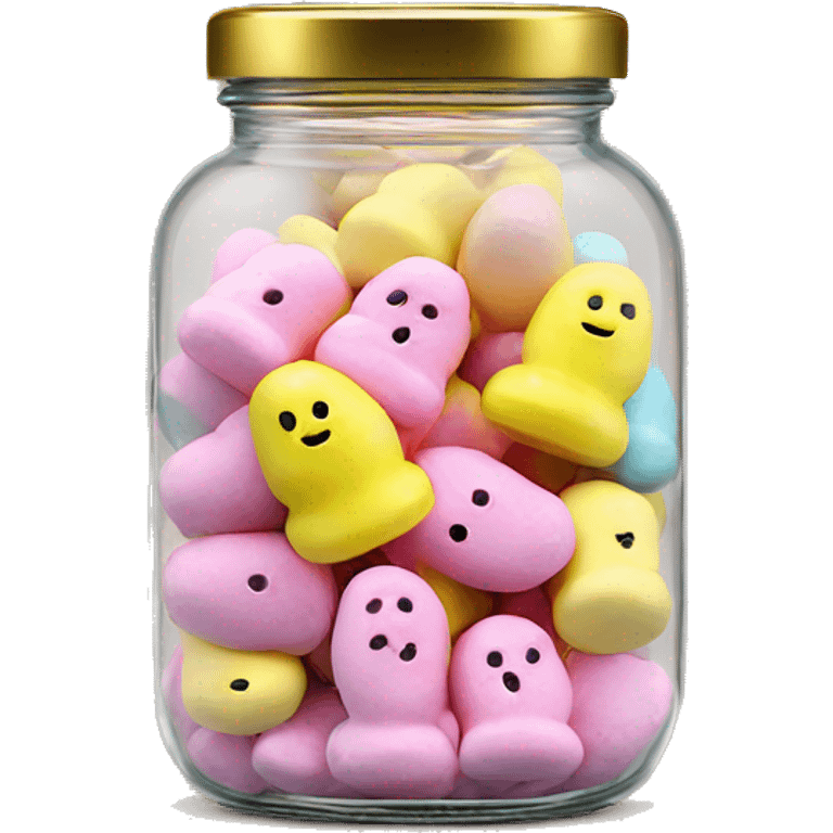 Realistic easter candy Peeps marshmallows in a glass jar with a gold screw on lid on the top. emoji