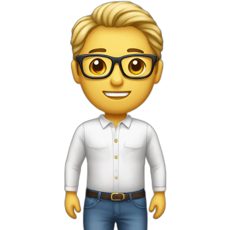 Homme enfant blanc avec les cheuveux cours sur le côté et long attaché au dessus avec des taches de rousseurs et des lunettes emoji