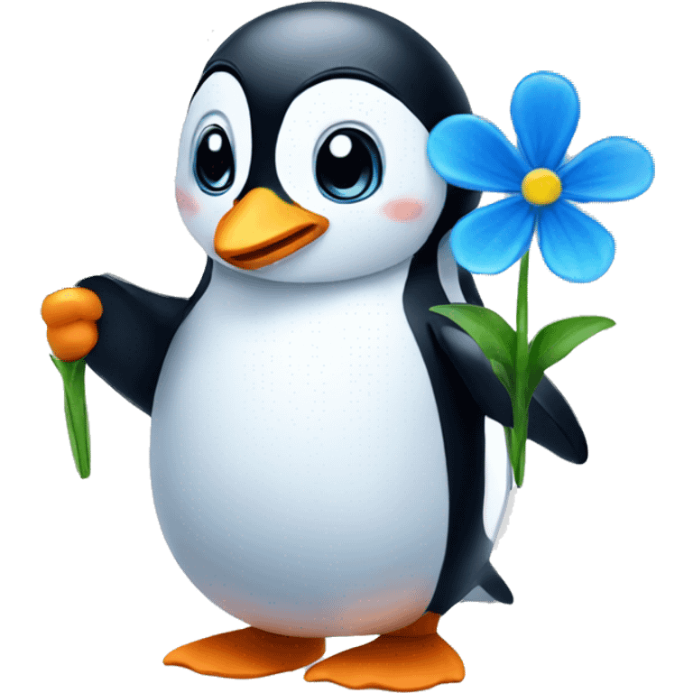 penguin holding blue flower and thumbs up emoji