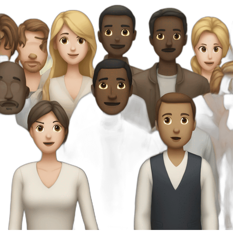 six dark-skinned men stand behind a pale woman emoji