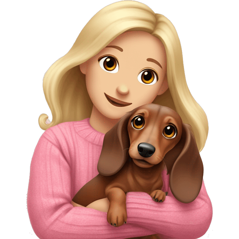 a cheerful long-haired brown marble dachshund in full height on the side in the arms of a blonde girl in a pink sweater emoji