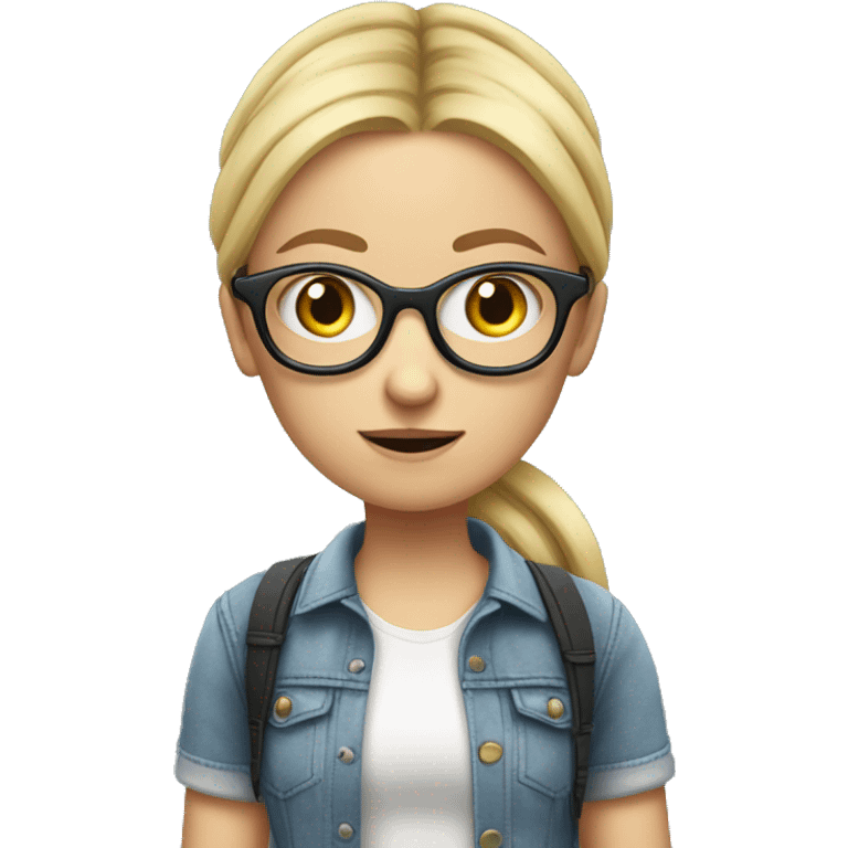 blond and white tall german girl wearing jeans and normal clothes. She wear glasses and her hair with a bun.  She holds a tennis racket and she look scared emoji