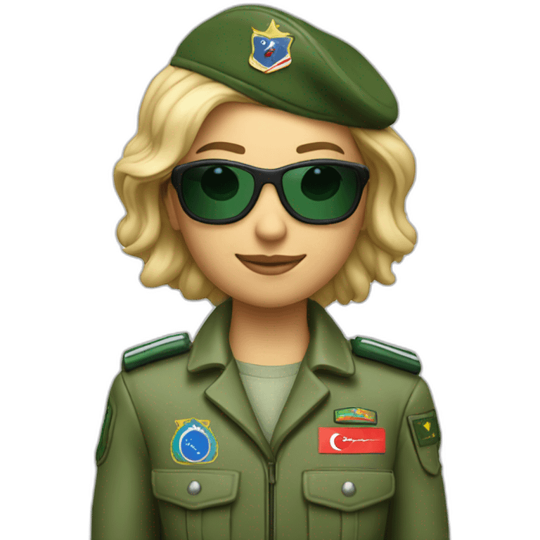 Blonde military Pilot with green uniform which is has a Turkish flag on right arm, pilot badge on chest, wearing sunglasses   emoji