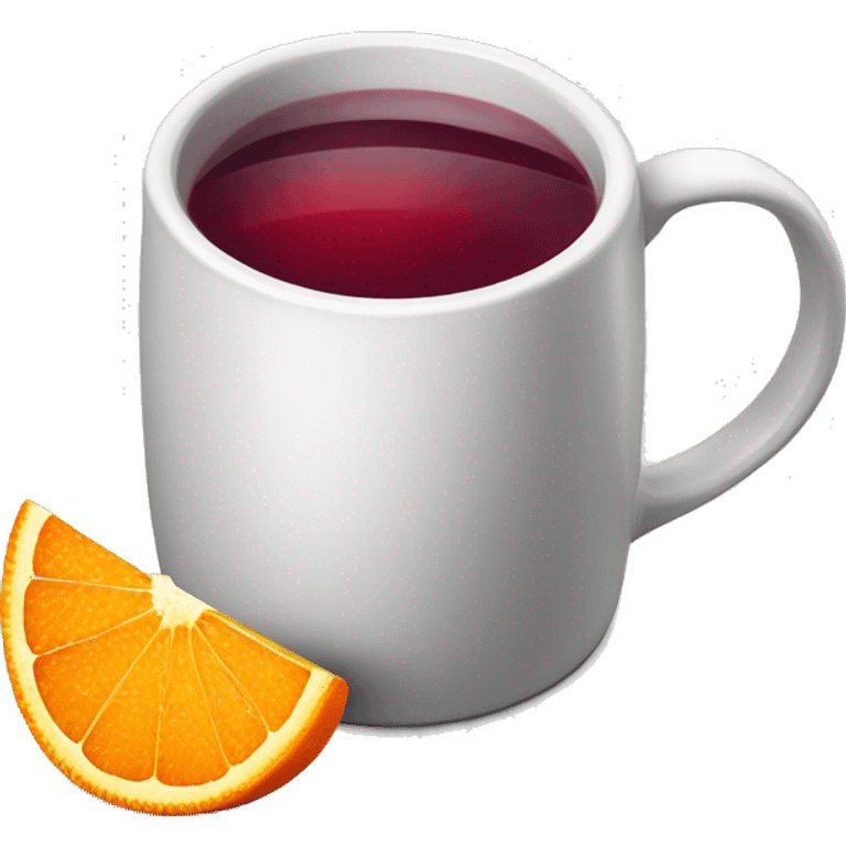 A Christmas mug of hot mulled wine, steaming with a cinnamon outside and an orange slice next to it emoji