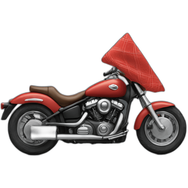 A chocolate brown doodle wearing a red and black handkerchief riding a motorcycle emoji