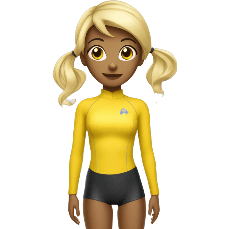 A hot and beautiful cartoon girl with blonde hair with straight bangs tied up with a pretty ponytail wearing a yellow long sleeved sleeves wetsuit emoji