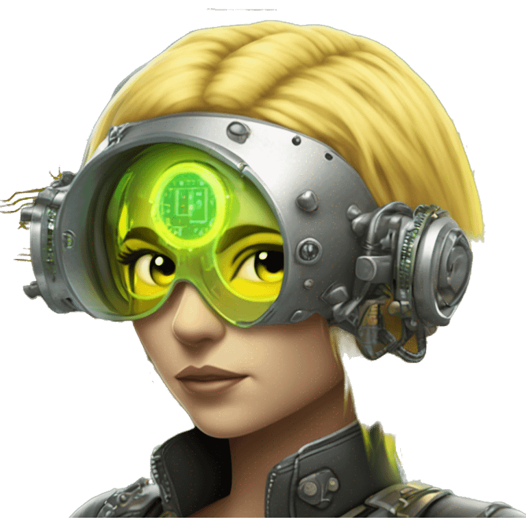 Caucasian female cyborg head with Neon yellow bobbed hair, silver steampunk goggles and circuits emoji