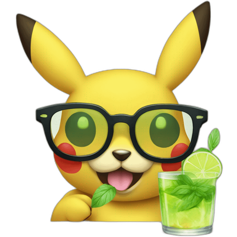 sick pikachu with glasses drinking mojito emoji