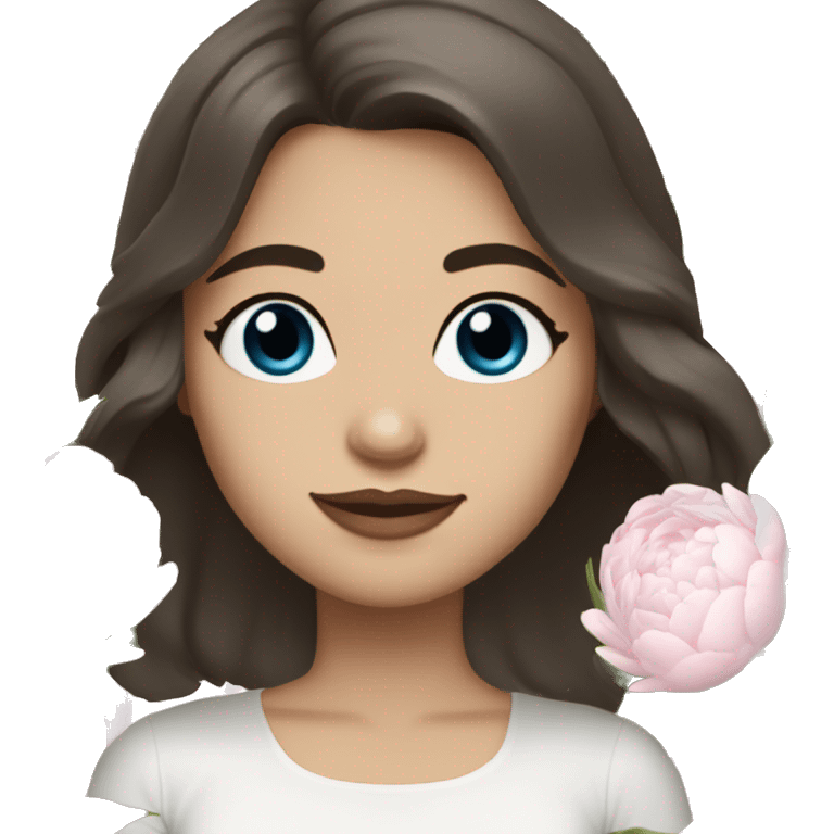 a white girl with shoulder length dark brown hair, blue eyes, small rosy lips holding a bouquet of white peonies emoji